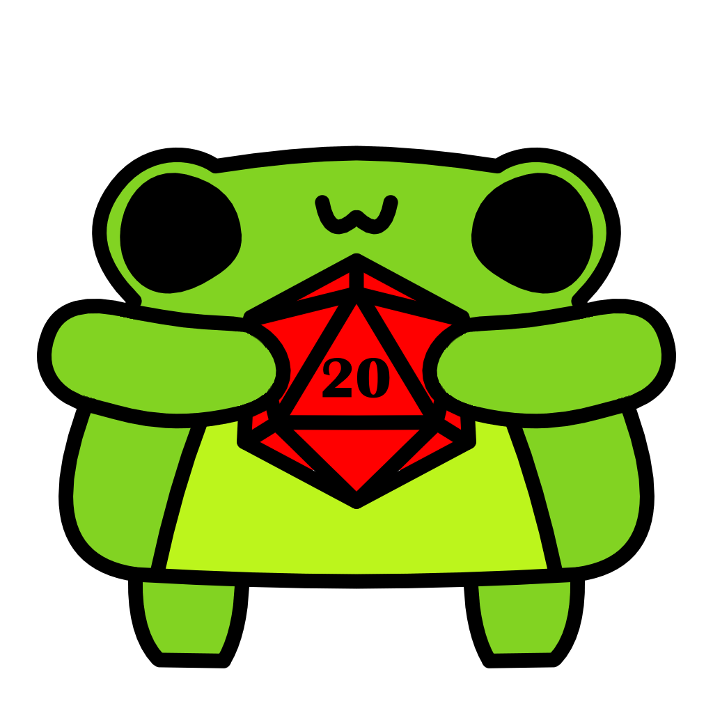 A round cartoon frog holding a 20 sided die